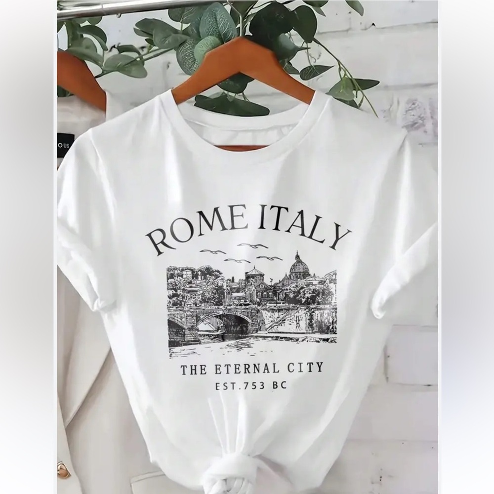 White Graphic Tee with Rome Italy Print